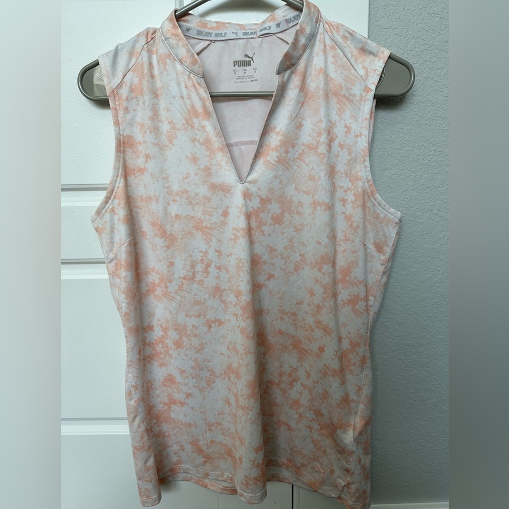 PUMA Golf Sleeveless Polo Shirt Women’s Size S Peach/White Pattern
